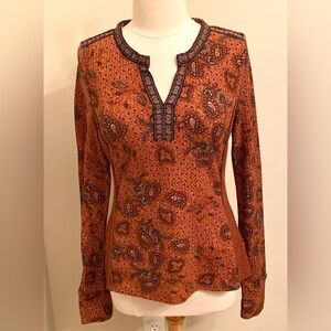 DR2 Rust Orange Paisley Print Embroidered Trim Long Sleeve Waffle Knit Top SZ M